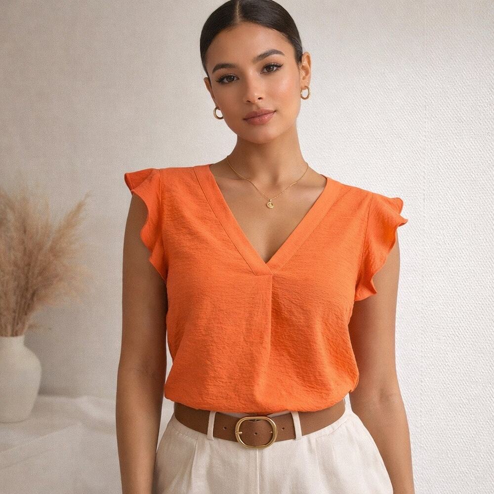 Cupcakes & Cashmere Orange Flutter Sleeve Blouse V Neck Feminine Anthro Style L